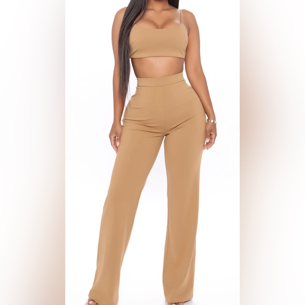 Fashion Nova Crop Top Wide Leg Tan Pant Set
